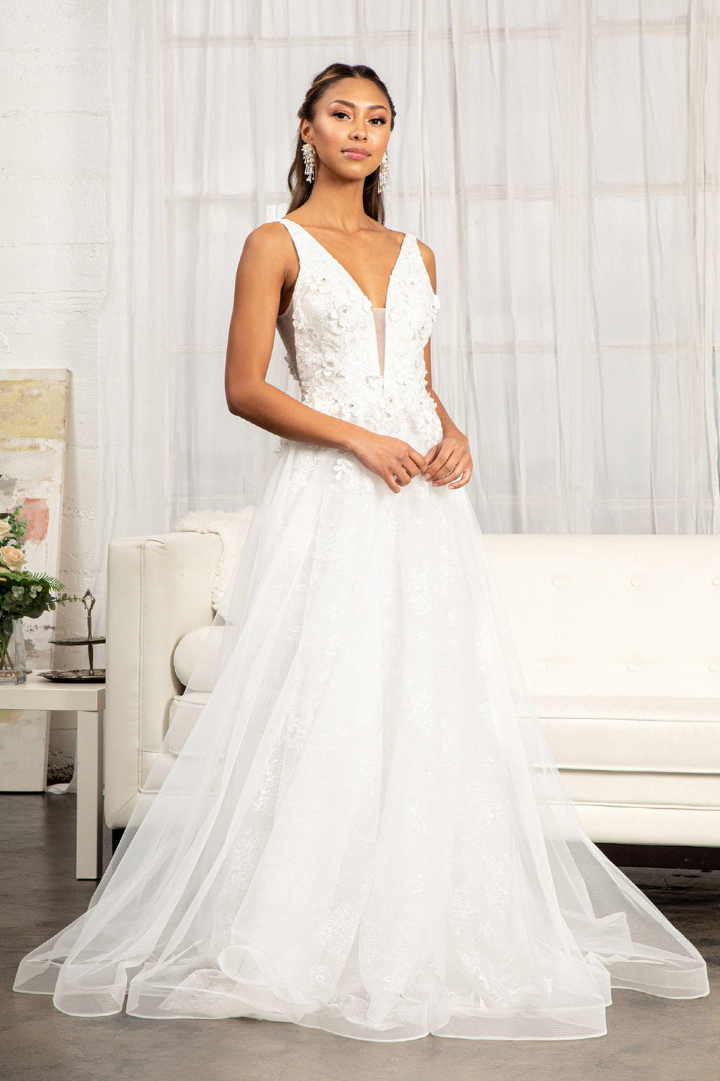 3-D Flower Embroidered Mesh A-line Dress w/ Rhinestone and Jewel Embellished Purplish Diva