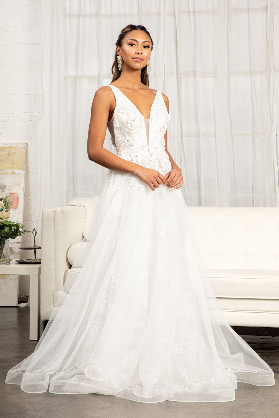 3-D Flower Embroidered Mesh A-line Dress w/ Rhinestone and Jewel Embellished Purplish Diva