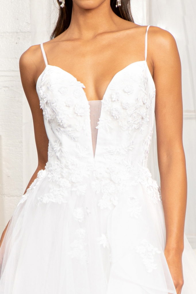 Embroidery & 3D Floral Applique Embellished V-Neck Mesh Wedding Dress Purplish Diva