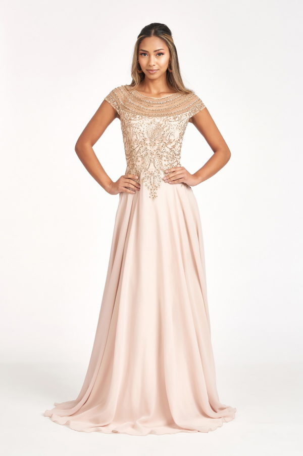 Beads Embellished Chiffon A-line Dress w/ Cap Sleeves Purplish Diva