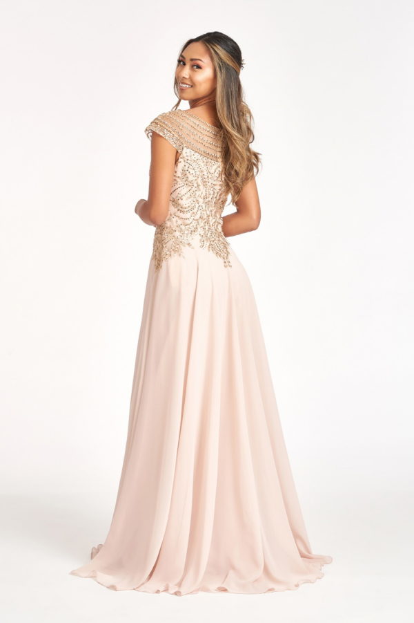 Beads Embellished Chiffon A-line Dress w/ Cap Sleeves Purplish Diva