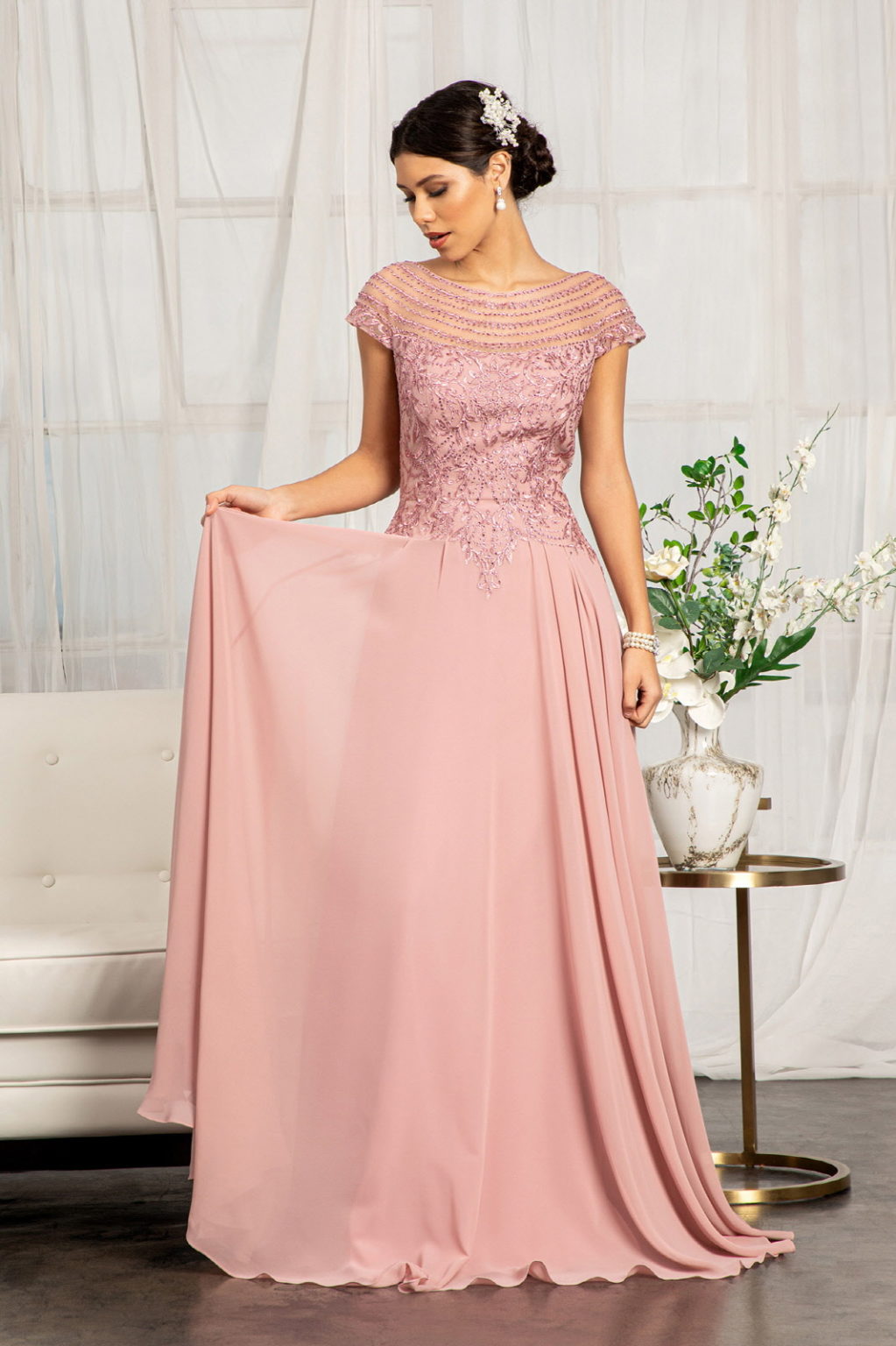 Beads Embellished Chiffon A-line Dress w/ Cap Sleeves Purplish Diva