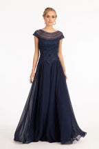 Beads Embellished Chiffon A-line Dress w/ Cap Sleeves Purplish Diva