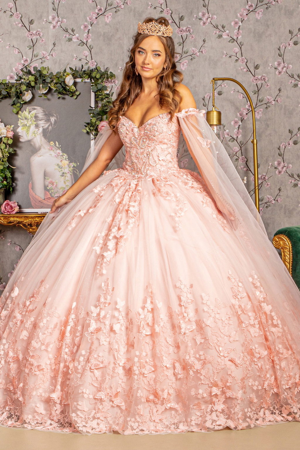3-D Butterfly Applique Glitter Quinceanera Gown w/ Long Mesh Layer Purplish Diva
