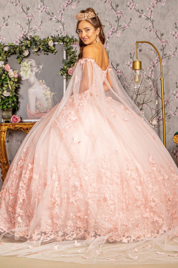 3-D Butterfly Applique Glitter Quinceanera Gown w/ Long Mesh Layer Purplish Diva