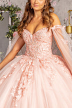 3-D Butterfly Applique Glitter Quinceanera Gown w/ Long Mesh Layer Purplish Diva