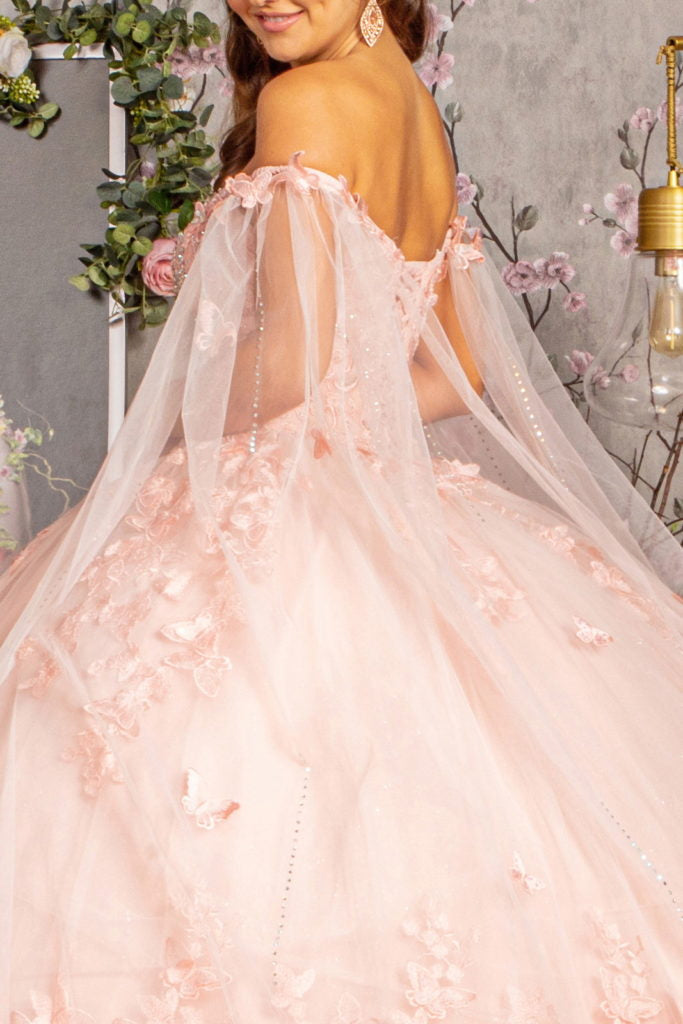 3-D Butterfly Applique Glitter Quinceanera Gown w/ Long Mesh Layer Purplish Diva