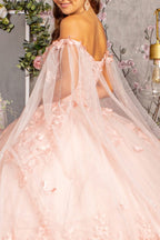 3-D Butterfly Applique Glitter Quinceanera Gown w/ Long Mesh Layer Purplish Diva