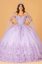 3-D Butterfly Applique Glitter Quinceanera Gown w/ Long Mesh Layer Purplish Diva