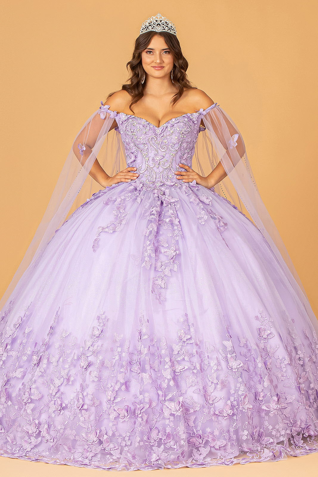 3-D Butterfly Applique Glitter Quinceanera Gown w/ Long Mesh Layer Purplish Diva