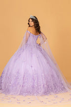 3-D Butterfly Applique Glitter Quinceanera Gown w/ Long Mesh Layer Purplish Diva