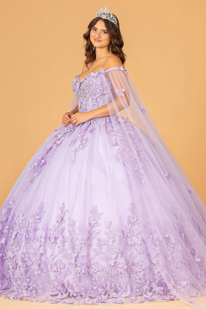 3-D Butterfly Applique Glitter Quinceanera Gown w/ Long Mesh Layer Purplish Diva