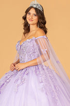 3-D Butterfly Applique Glitter Quinceanera Gown w/ Long Mesh Layer Purplish Diva