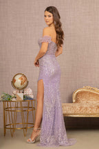 Bead Sheer Bodice Mesh Mermaid Dress w/ Wide Side Slit Purplish Diva
