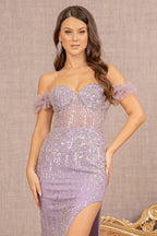 Bead Sheer Bodice Mesh Mermaid Dress w/ Wide Side Slit Purplish Diva
