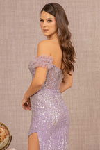 Bead Sheer Bodice Mesh Mermaid Dress w/ Wide Side Slit Purplish Diva