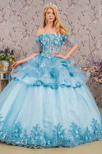 3-D Flower Applique Sheer Bodice Quinceanera Gown w/ Ruffle Skirt Purplish Diva