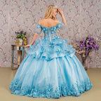 3-D Flower Applique Sheer Bodice Quinceanera Gown w/ Ruffle Skirt Purplish Diva