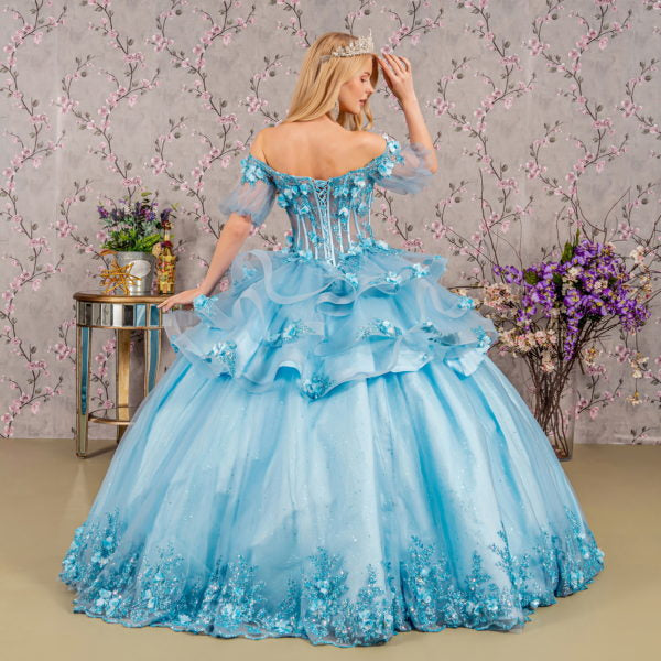 3-D Flower Applique Sheer Bodice Quinceanera Gown w/ Ruffle Skirt Purplish Diva