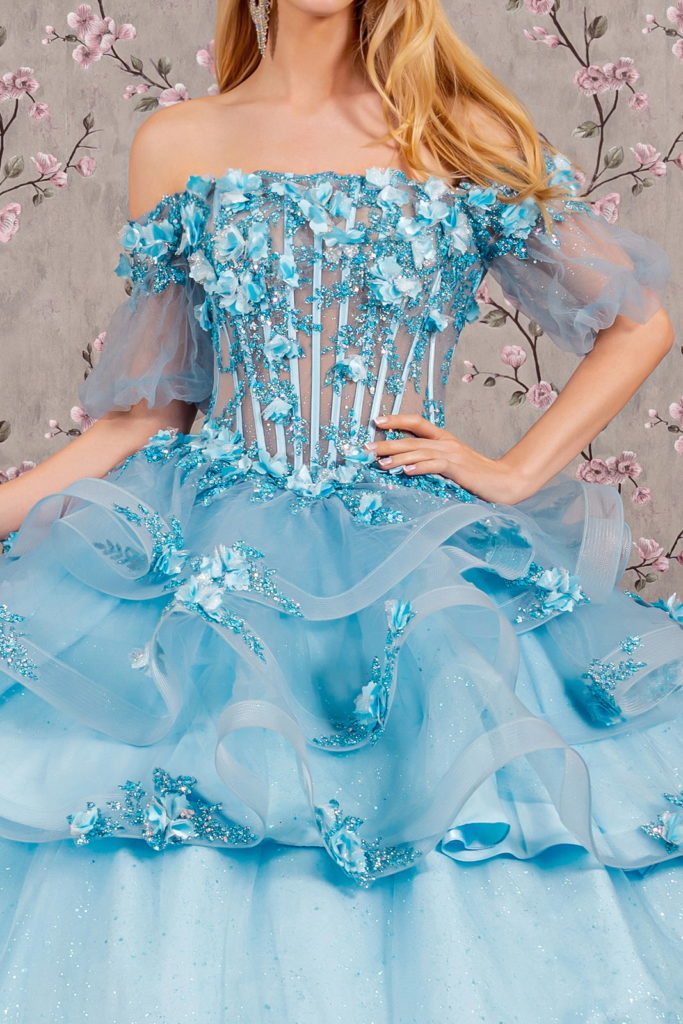 3-D Flower Applique Sheer Bodice Quinceanera Gown w/ Ruffle Skirt Purplish Diva