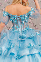 3-D Flower Applique Sheer Bodice Quinceanera Gown w/ Ruffle Skirt Purplish Diva