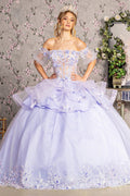 3-D Flower Applique Sheer Bodice Quinceanera Gown w/ Ruffle Skirt Purplish Diva