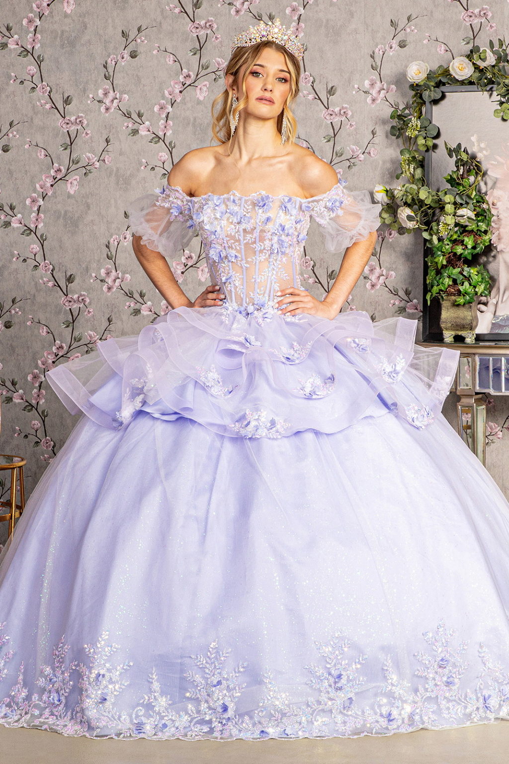 3-D Flower Applique Sheer Bodice Quinceanera Gown w/ Ruffle Skirt Purplish Diva