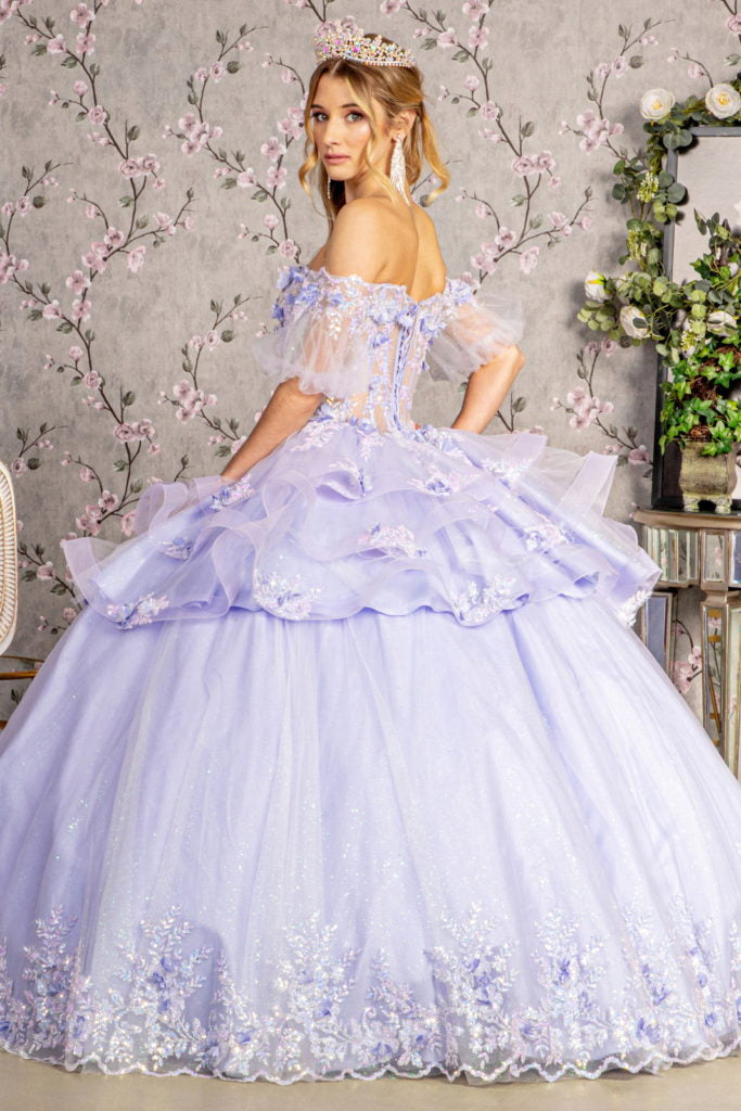 3-D Flower Applique Sheer Bodice Quinceanera Gown w/ Ruffle Skirt Purplish Diva