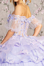 3-D Flower Applique Sheer Bodice Quinceanera Gown w/ Ruffle Skirt Purplish Diva
