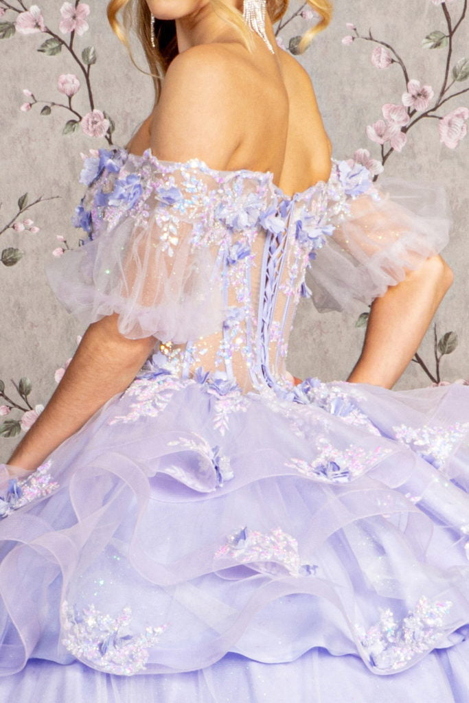 3-D Flower Applique Sheer Bodice Quinceanera Gown w/ Ruffle Skirt Purplish Diva