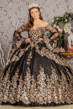 Gold Sequin Off Shoulder Mesh Ball Gown w/ Detachable Long Sleeves Purplish Diva