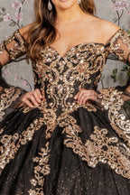 Gold Sequin Off Shoulder Mesh Ball Gown w/ Detachable Long Sleeves Purplish Diva