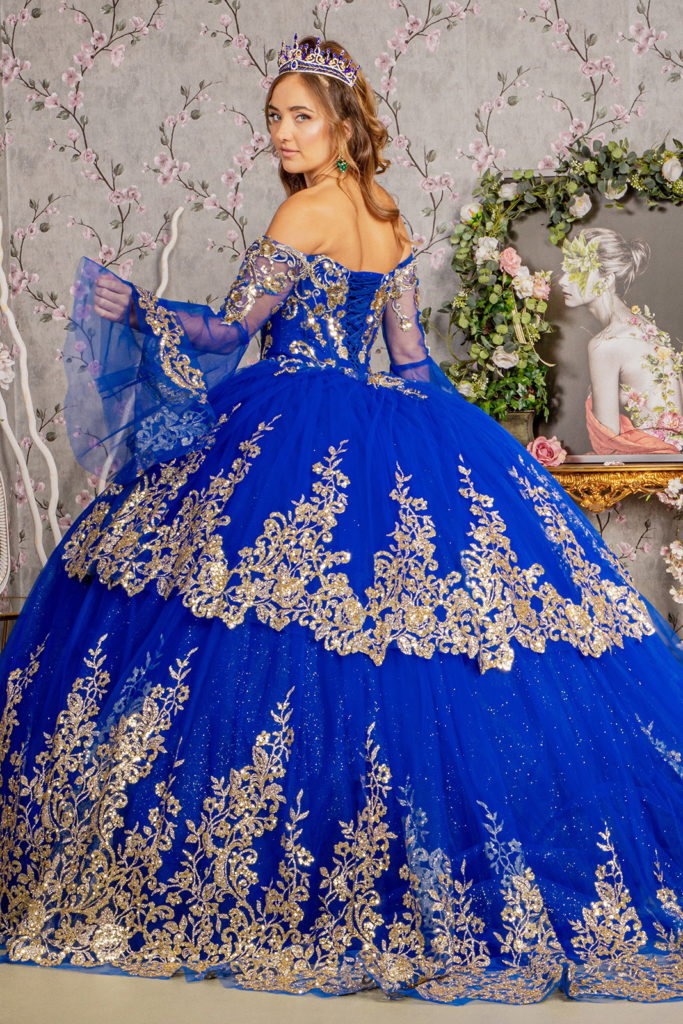 Gold Sequin Off Shoulder Mesh Ball Gown w/ Detachable Long Sleeves Purplish Diva