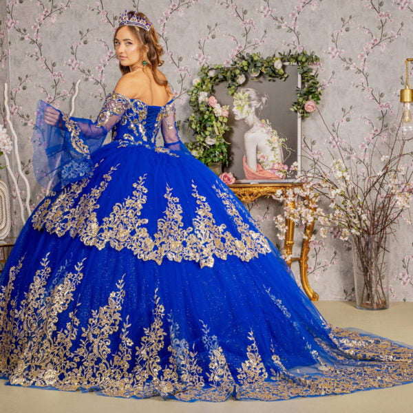 Gold Sequin Off Shoulder Mesh Ball Gown w/ Detachable Long Sleeves Purplish Diva