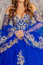 Gold Sequin Off Shoulder Mesh Ball Gown w/ Detachable Long Sleeves Purplish Diva