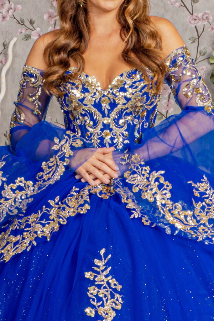 Gold Sequin Off Shoulder Mesh Ball Gown w/ Detachable Long Sleeves Purplish Diva