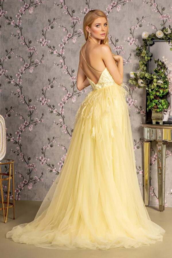 Asymmetric Feather Mesh Mermaid Long Dress w/ Detachable Waist Drape Purplish Diva