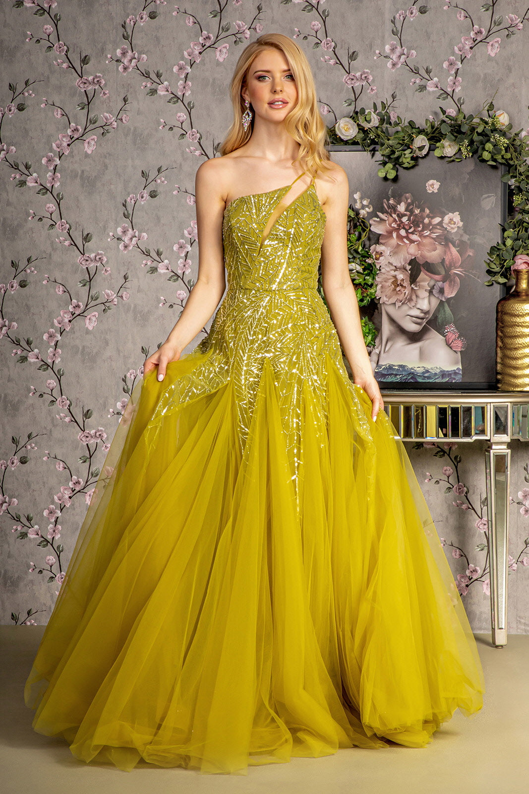 Asymmetric Sequin Sheer Cut-out Front Mesh A-line Long Dress Purplish Diva