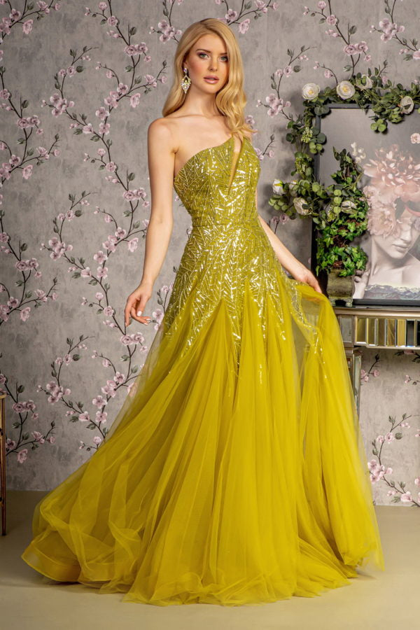 Asymmetric Sequin Sheer Cut-out Front Mesh A-line Long Dress Purplish Diva