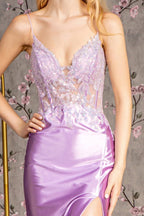 Embroidery Sheer Bodice V-back Satin Mermaid Long Dress Purplish Diva