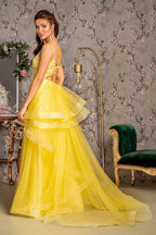 Bead Sequin Mesh A-line Long Dress w/ Ruffled Layered Back Purplish Diva