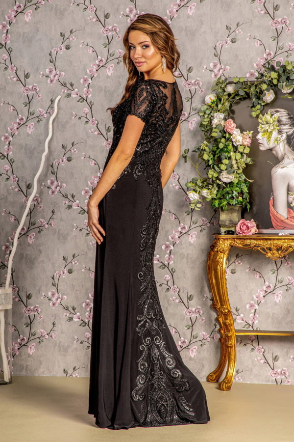 Embroidery Bead Sheer Back Rome Jersey Mermaid Long Dress Purplish Diva