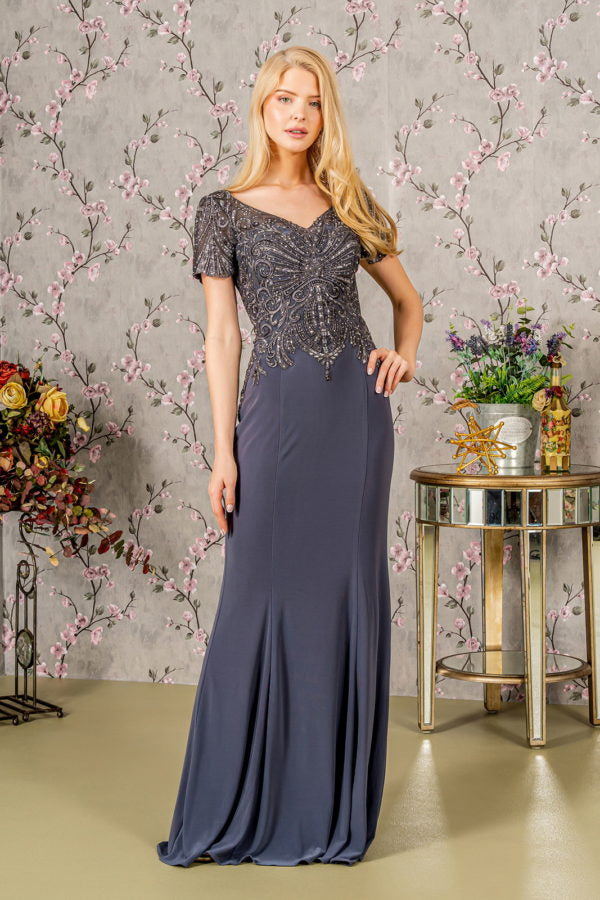 Embroidery Bead Sheer Back Rome Jersey Mermaid Long Dress Purplish Diva