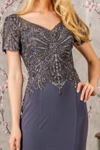 Embroidery Bead Sheer Back Rome Jersey Mermaid Long Dress Purplish Diva