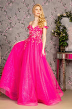 3-D Flower Emboridery Sheer Bodice Mesh A-line Long Dress Purplish Diva