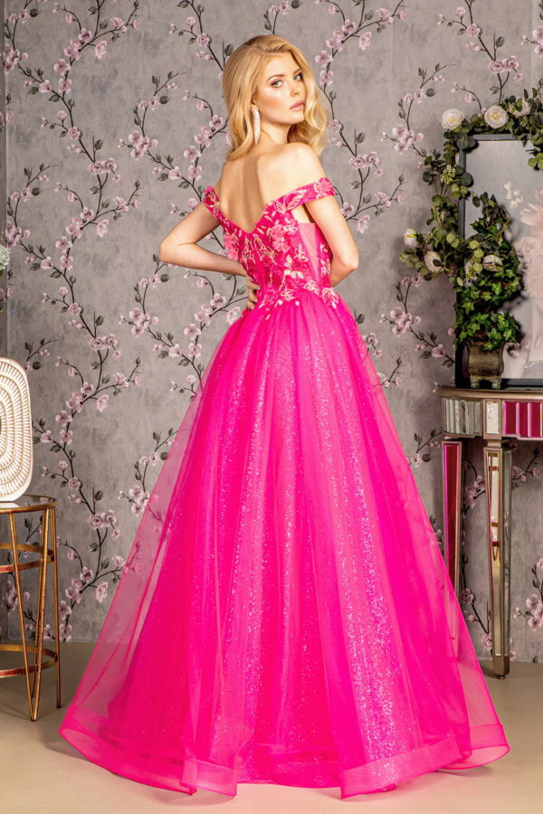 3-D Flower Emboridery Sheer Bodice Mesh A-line Long Dress Purplish Diva