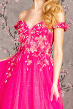 3-D Flower Emboridery Sheer Bodice Mesh A-line Long Dress Purplish Diva
