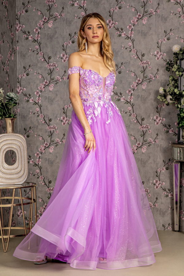 3-D Flower Emboridery Sheer Bodice Mesh A-line Long Dress Purplish Diva