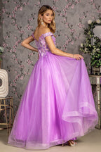 3-D Flower Emboridery Sheer Bodice Mesh A-line Long Dress Purplish Diva