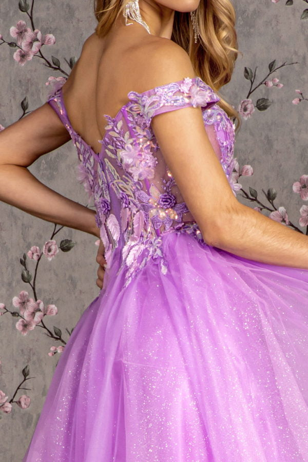 3-D Flower Emboridery Sheer Bodice Mesh A-line Long Dress Purplish Diva